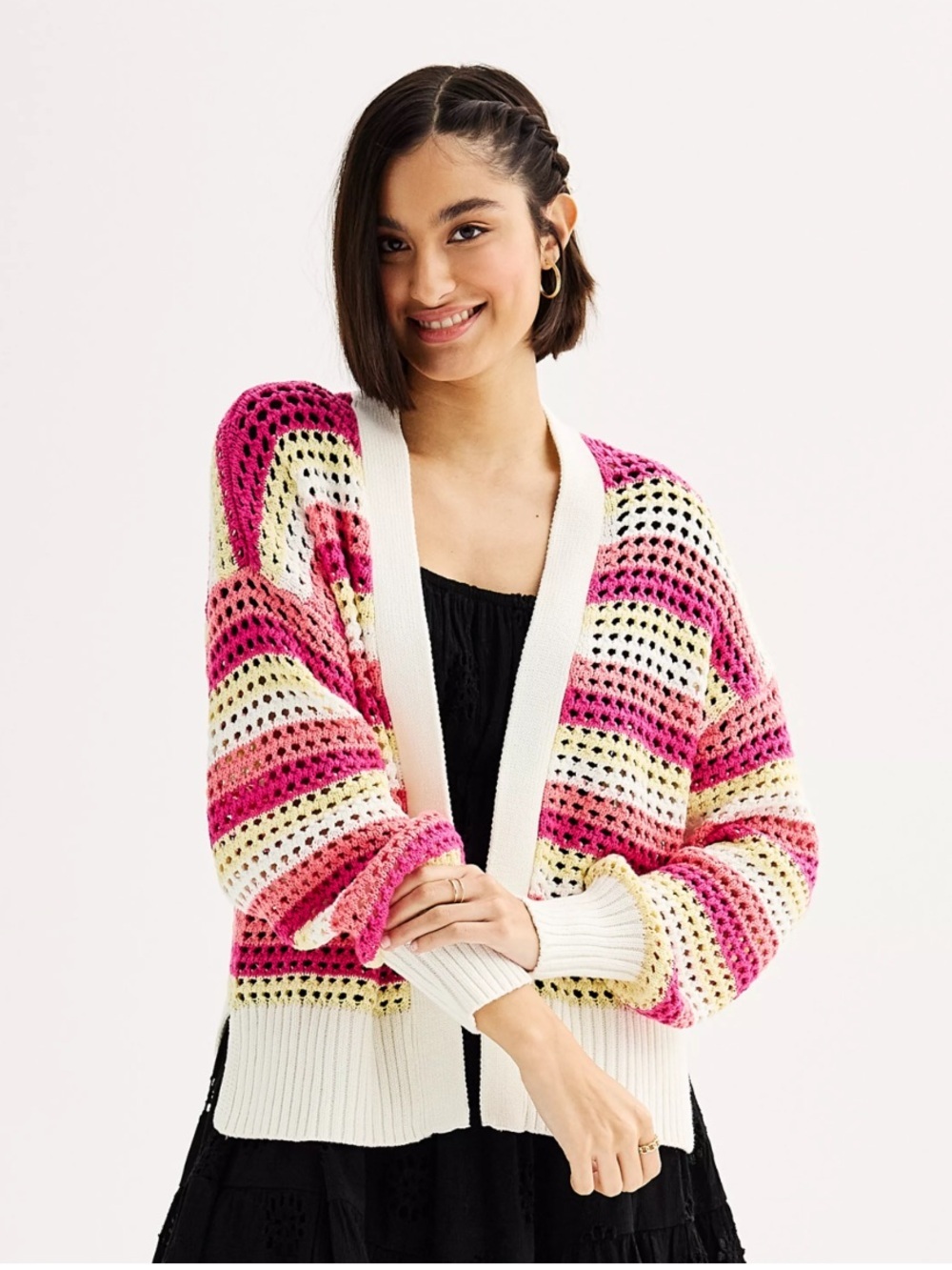 Pink Republic Striped Crochet Open Front Cardigan Sweater size M